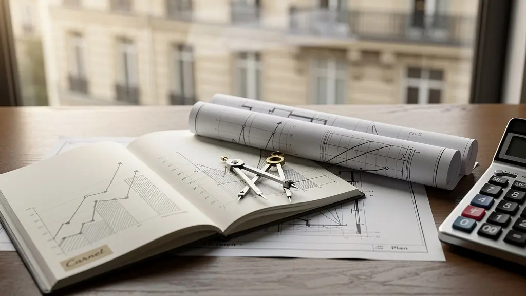 Analyse professionnelle de la valeur immobilière avec documents et architecture en arrière-plan