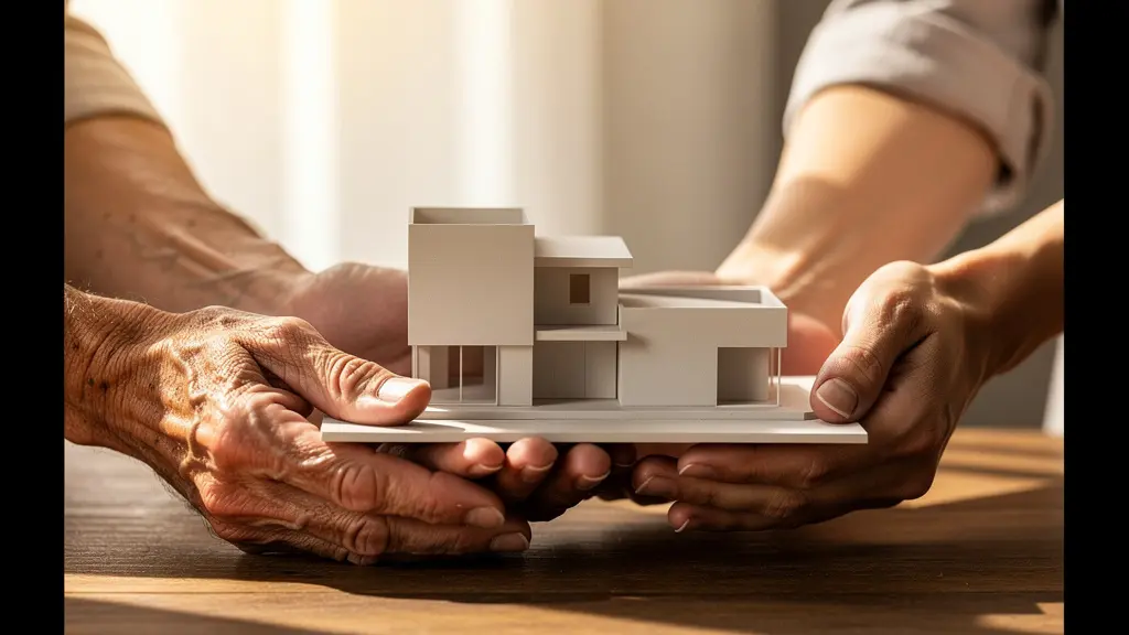 Représentation symbolique d'une gestion patrimoniale familiale avec architecture résidentielle