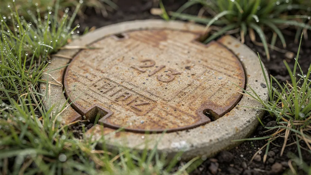 Vue détaillée en macro d'un regard de visite de fosse septique entouré d'herbe