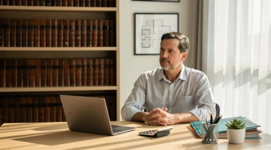 Propriétaire immobilier consultant des documents de gestion locative dans un bureau moderne et lumineux