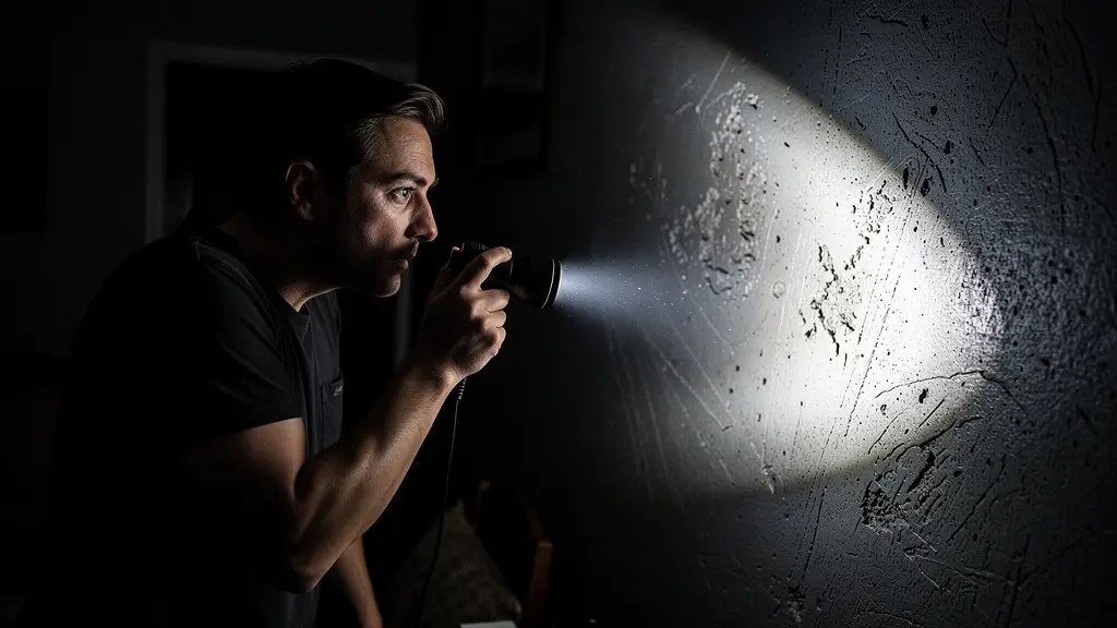 Personne inspectant attentivement un mur avec une lampe torche lors d'une visite immobilière