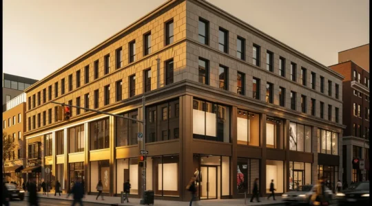 Façade moderne de locaux commerciaux avec vitrines élégantes dans un quartier d'affaires dynamique