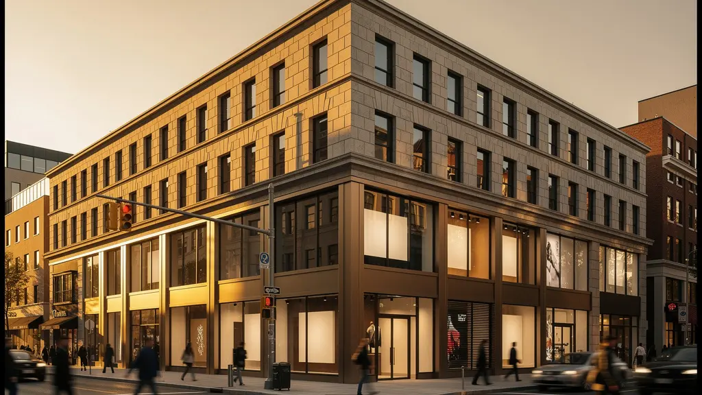 Façade moderne de locaux commerciaux avec vitrines élégantes dans un quartier d'affaires dynamique