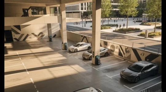 Vue aérienne d'un parking souterrain moderne avec bornes de recharge électrique et architecture contemporaine en périphérie d'un centre-ville piétonnier