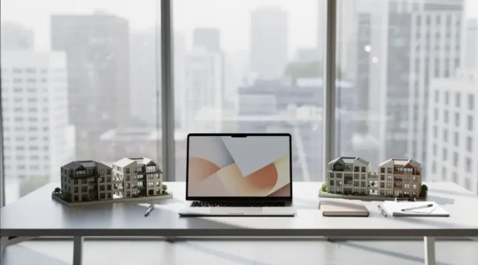 Bureau moderne avec ordinateur affichant des graphiques immobiliers et documents d'investissement