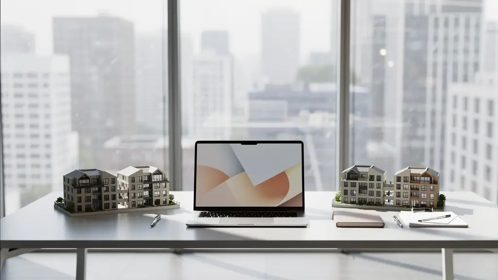 Bureau moderne avec ordinateur affichant des graphiques immobiliers et documents d'investissement