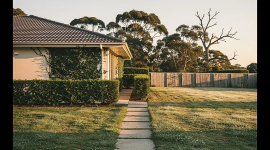Vue large d'une maison individuelle avec jardin montrant divers éléments d'entretien nécessaires