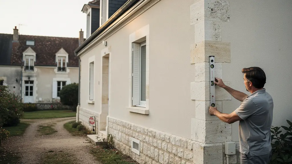 Vue en contre-plongée d'une maison avec des éléments architecturaux détaillés montrant des indices subtils à examiner lors d'une visite