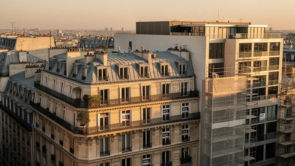 Vue aérienne d'un quartier urbain avec plusieurs typologies de biens immobiliers, certains avec échafaudages et d'autres à vendre