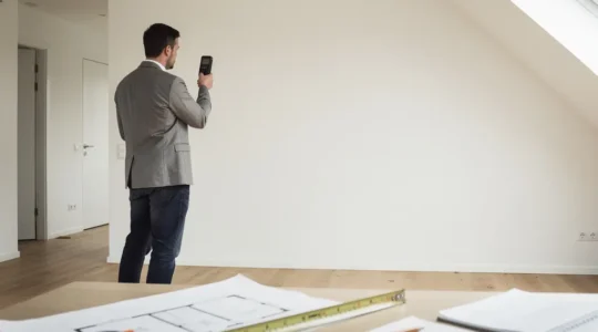 Diagnostic de surface dans un appartement avec outils de mesure et plans architecturaux