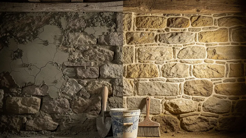 Mur en pierre apparente avec moitié restaurée à la chaux montrant la différence de traitement