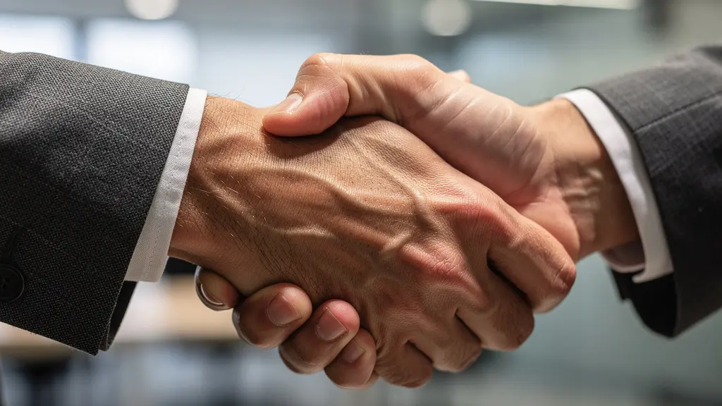 Poignée de main professionnelle dans un bureau moderne lumineux symbolisant un accord de bail flexible