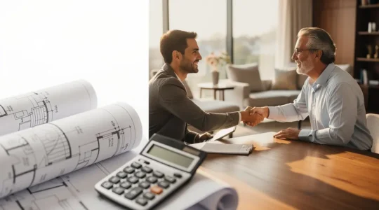 Négociation immobilière entre acheteur et vendeur autour d'un bien