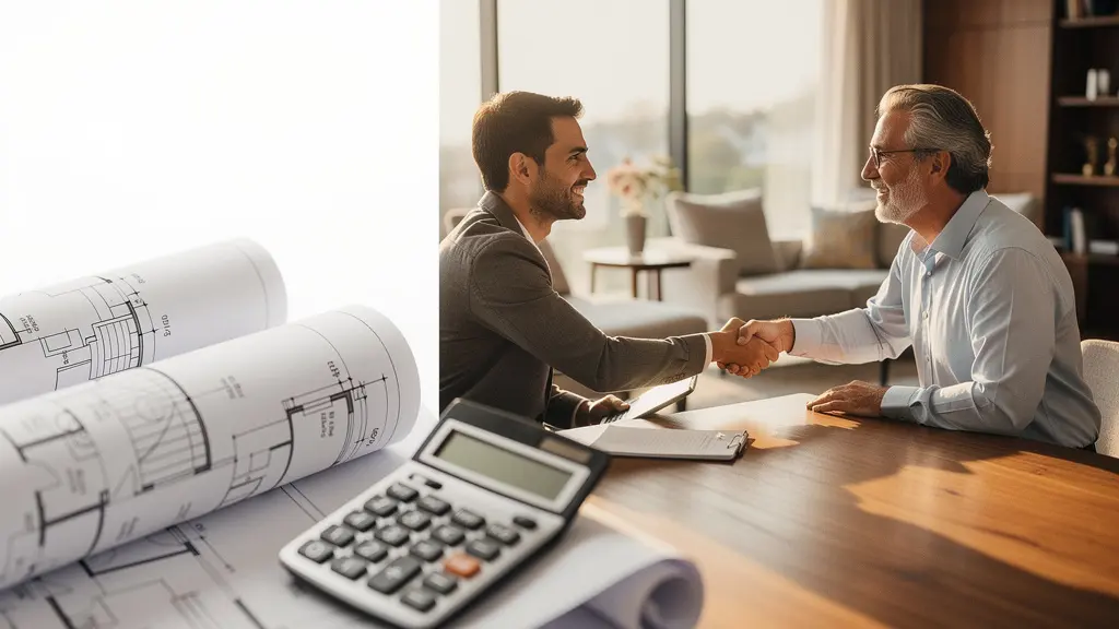 Négociation immobilière entre acheteur et vendeur autour d'un bien