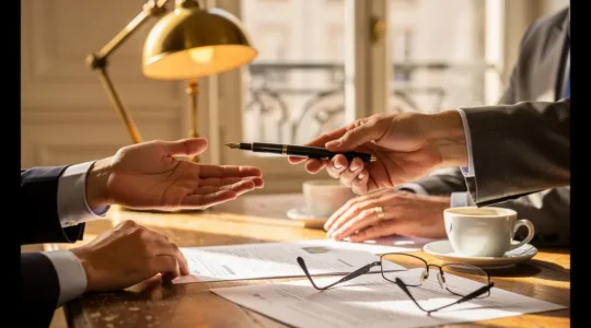 Négociation d'une offre d'achat immobilier autour d'une table avec documents et calculatrice