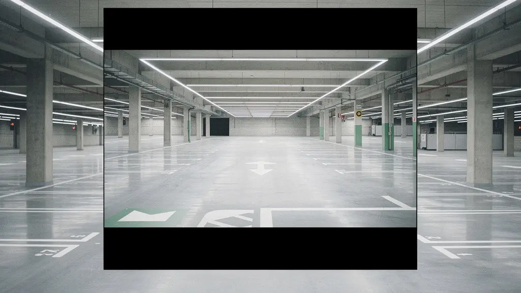 Vue en perspective d'un parking souterrain montrant plusieurs emplacements avec éclairage architectural