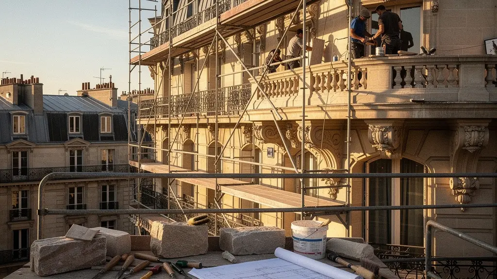 Façade majestueuse d'un immeuble haussmannien en restauration avec échafaudages et artisans