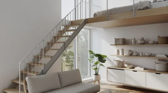 Vue d'un petit appartement moderne avec mezzanine et rangements intégrés maximisant l'utilisation de la hauteur sous plafond