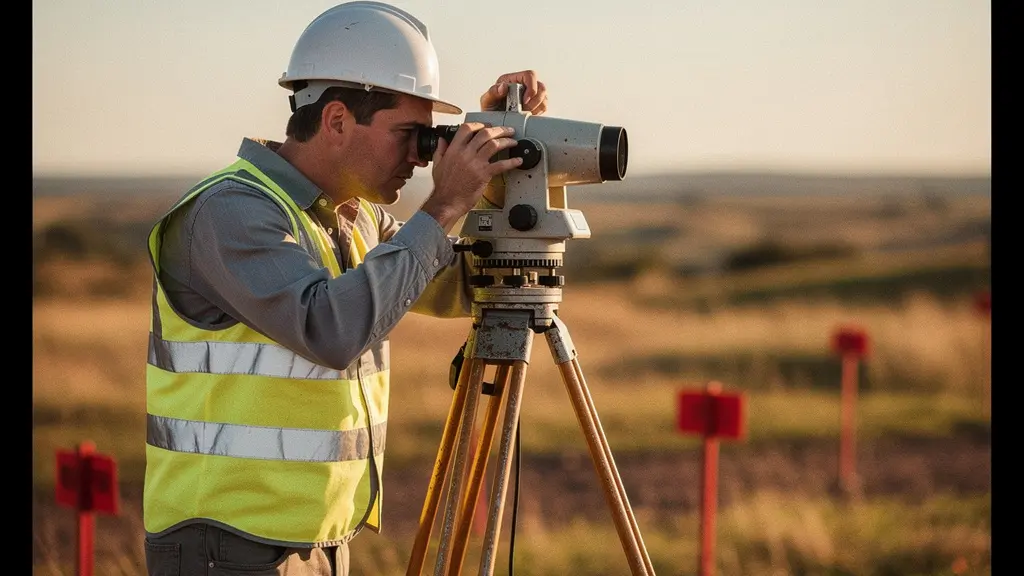 Géomètre-expert utilisant un théodolite sur un terrain avec des bornes rouges visibles