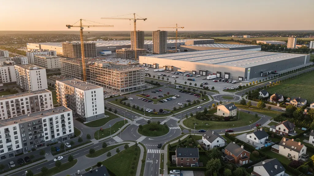 Vue aérienne d'un quartier résidentiel moderne à proximité d'une zone industrielle en développement