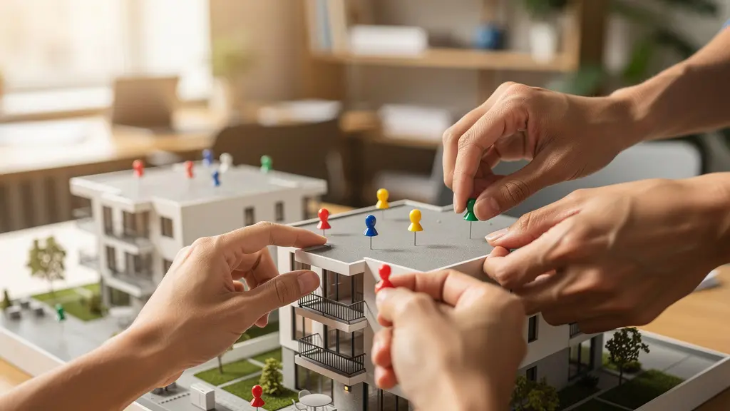 Maquette architecturale d'un programme immobilier avec des marqueurs de réservation