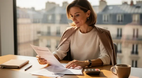 Propriétaire immobilier analysant des documents de location dans un bureau moderne avec vue sur Paris