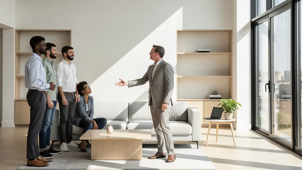 Propriétaire accueillant plusieurs visiteurs potentiels dans un salon lumineux lors d'une visite groupée