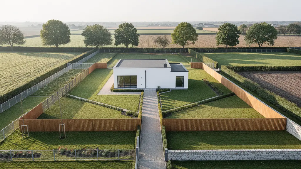 Vue aérienne minimaliste d'une propriété montrant les limites de terrain et clôtures