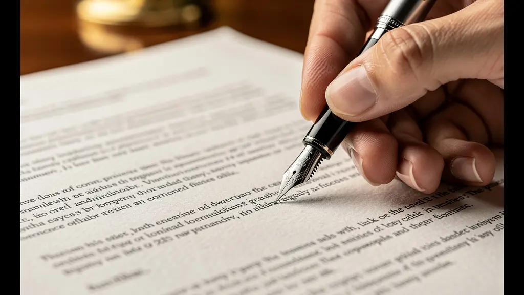 Gros plan sur des mains rédigeant un document juridique avec stylo plume sur bureau en bois