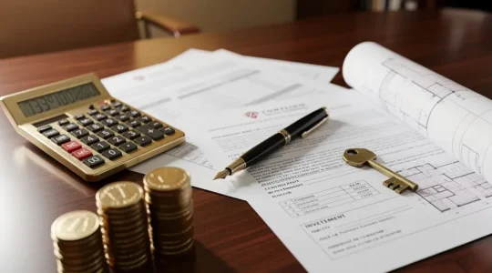 Bureau moderne avec documents fiscaux et immobiliers, calculatrice et graphiques financiers