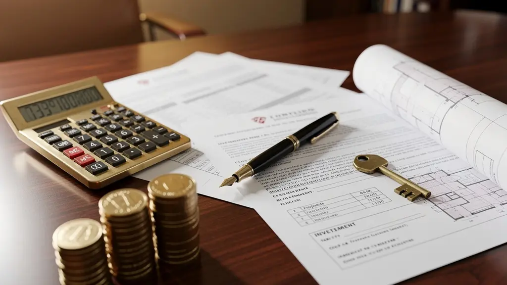 Bureau moderne avec documents fiscaux et immobiliers, calculatrice et graphiques financiers