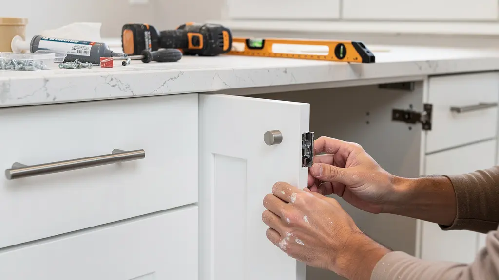 Cuisine moderne rénovée avec façades blanches et plan de travail clair lumineux