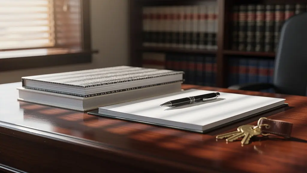 Bureau de notaire avec documents prêts pour signature et clés sur table
