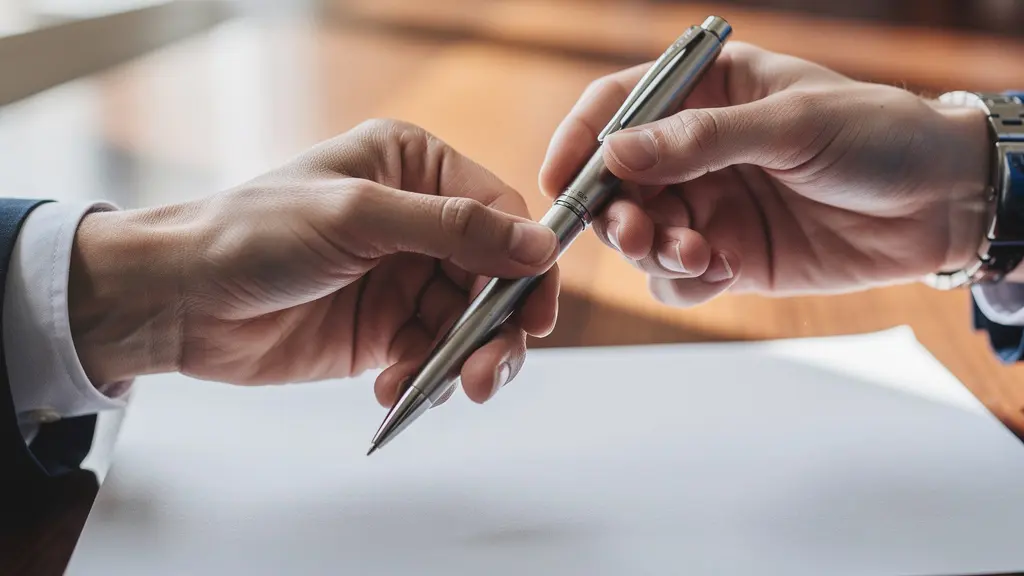 Mains professionnelles échangeant un stylo de luxe lors d'une signature