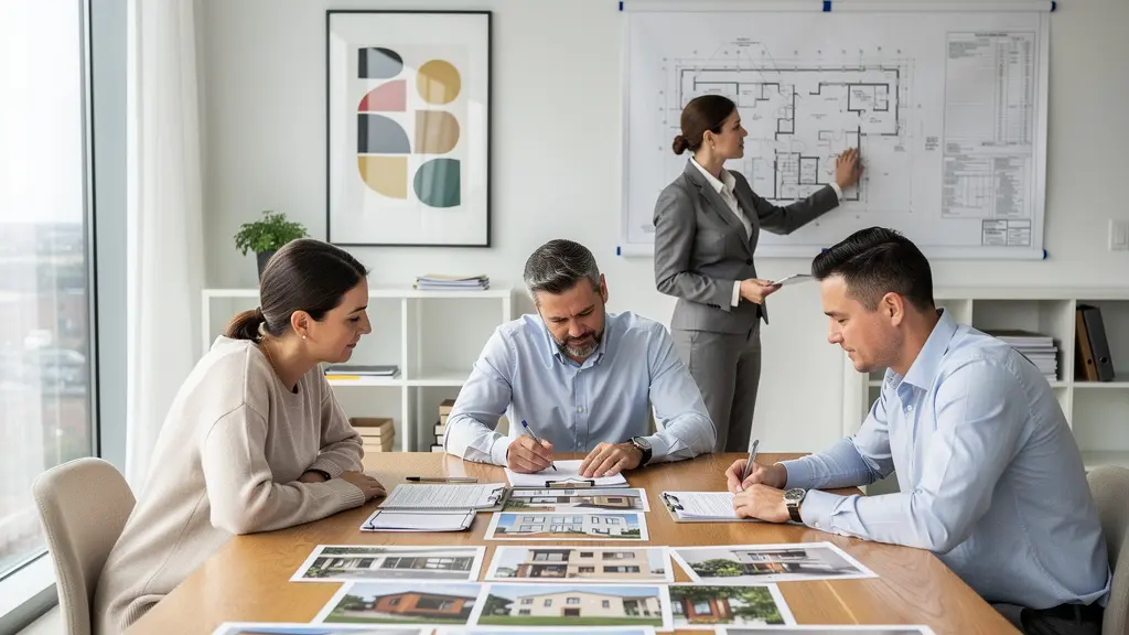 Famille examinant des documents de succession avec expert immobilier