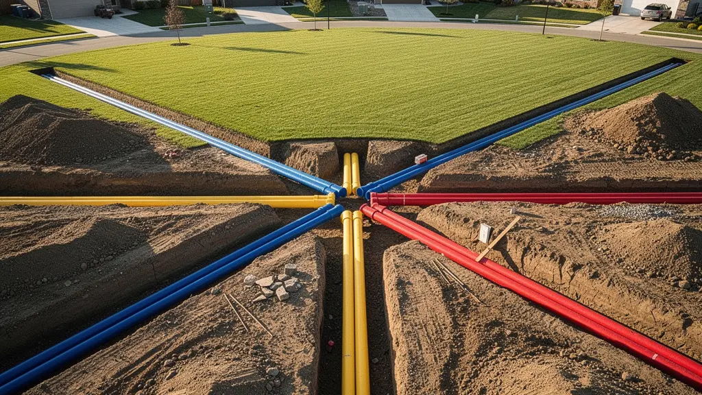 Vue aérienne d'un terrain en cours de viabilisation avec tranchées ouvertes pour les raccordements aux réseaux