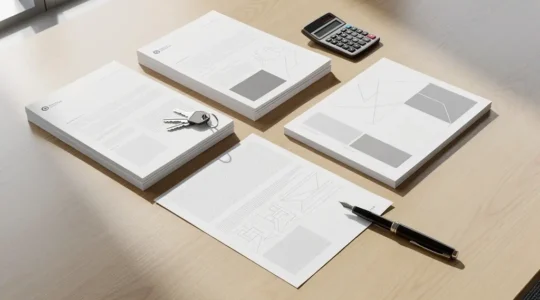 Vue professionnelle d'une table de négociation immobilière avec documents juridiques et clés de maison