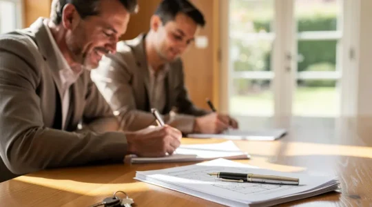 Deux personnes signant un document immobilier devant une maison moderne avec clés posées sur la table