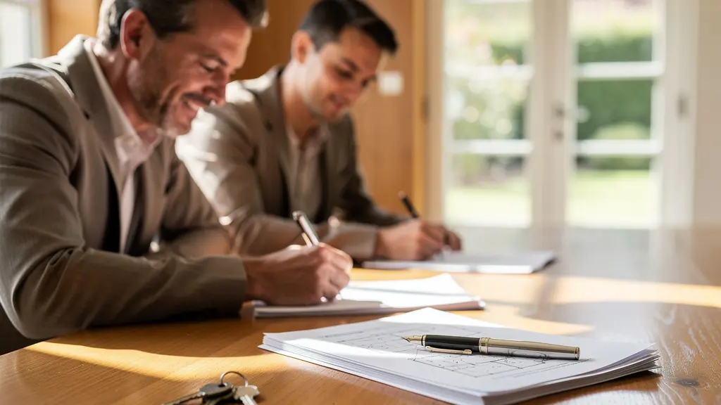 Deux personnes signant un document immobilier devant une maison moderne avec clés posées sur la table