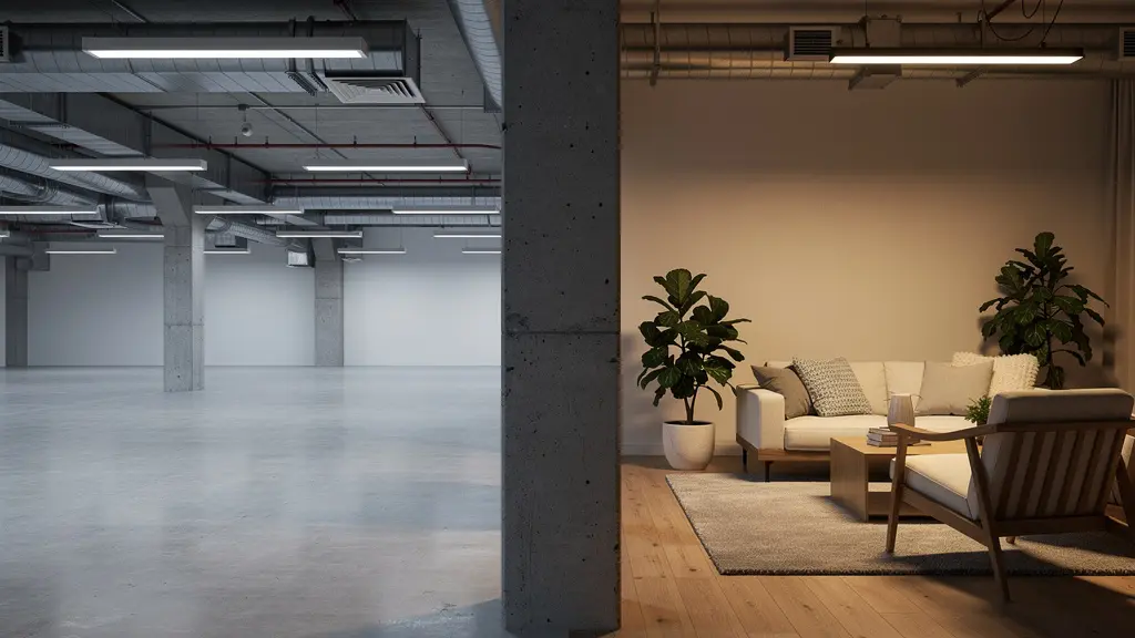 Comparaison visuelle d'un espace de bureaux transformé en appartements modernes avec lumière naturelle