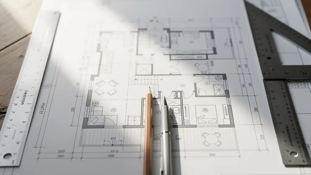 Plans d'architecte montrant la transformation d'un plateau de bureaux en appartements avec annotations techniques