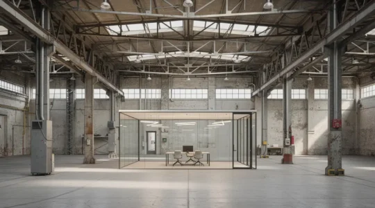 Vue intérieure d'un entrepôt industriel en cours de transformation avec espaces bureaux modernes et charpente métallique apparente