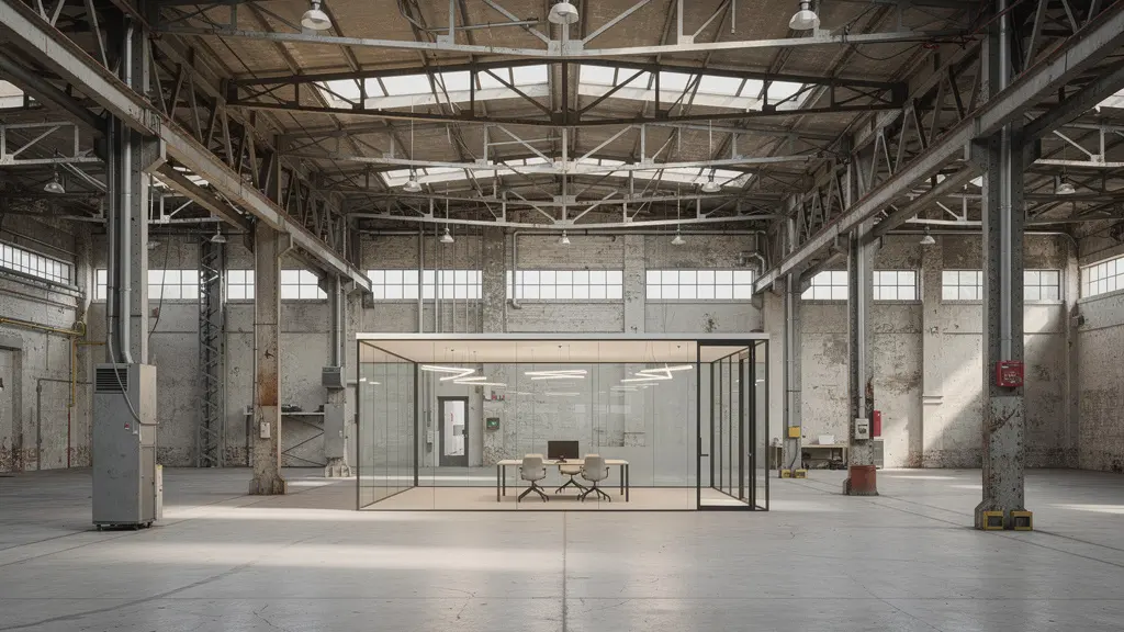 Vue intérieure d'un entrepôt industriel en cours de transformation avec espaces bureaux modernes et charpente métallique apparente