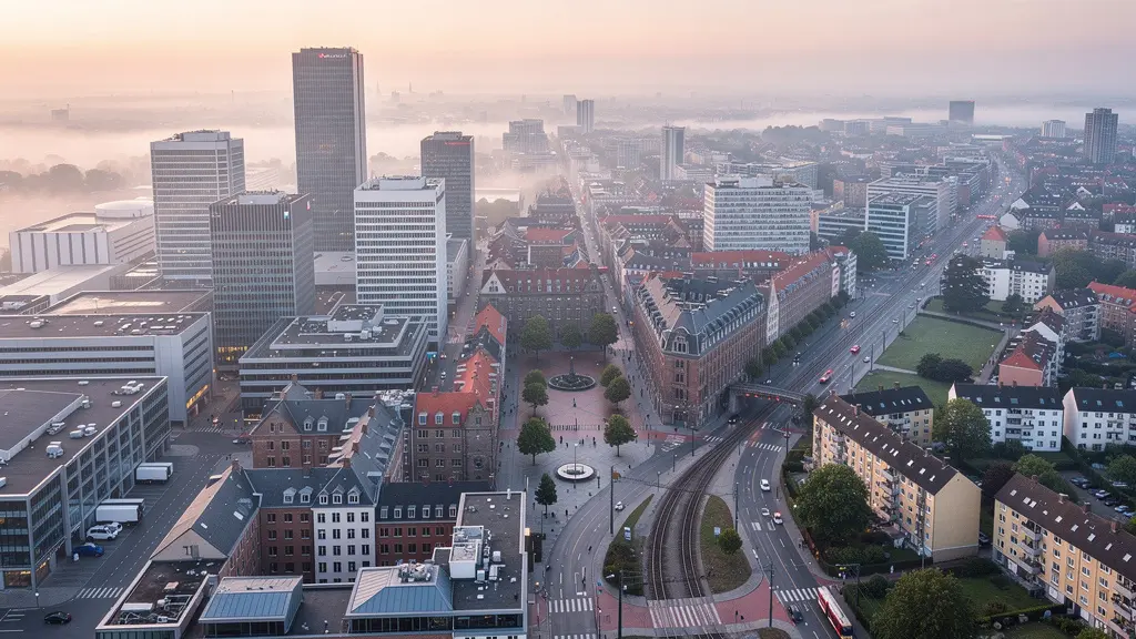 Vue aérienne montrant l'intersection entre zone d'emploi, centre-ville et quartier résidentiel