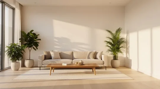 Salon moderne épuré avec mobilier minimaliste et lumière naturelle abondante