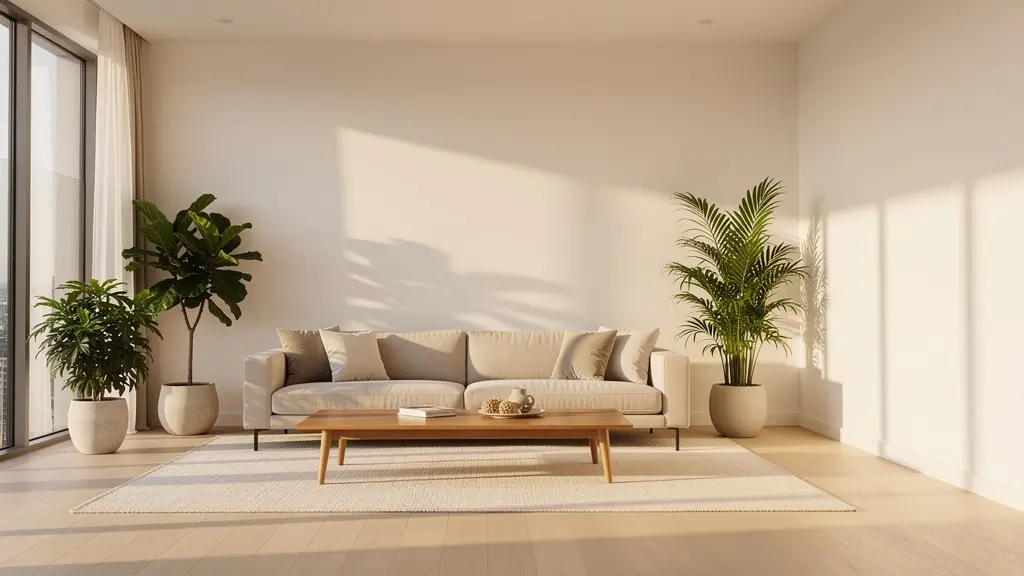 Salon moderne épuré avec mobilier minimaliste et lumière naturelle abondante