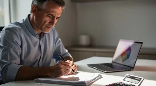 Propriétaire contemplant des documents immobiliers avec calculatrice et écran d'ordinateur montrant des annonces en arrière-plan