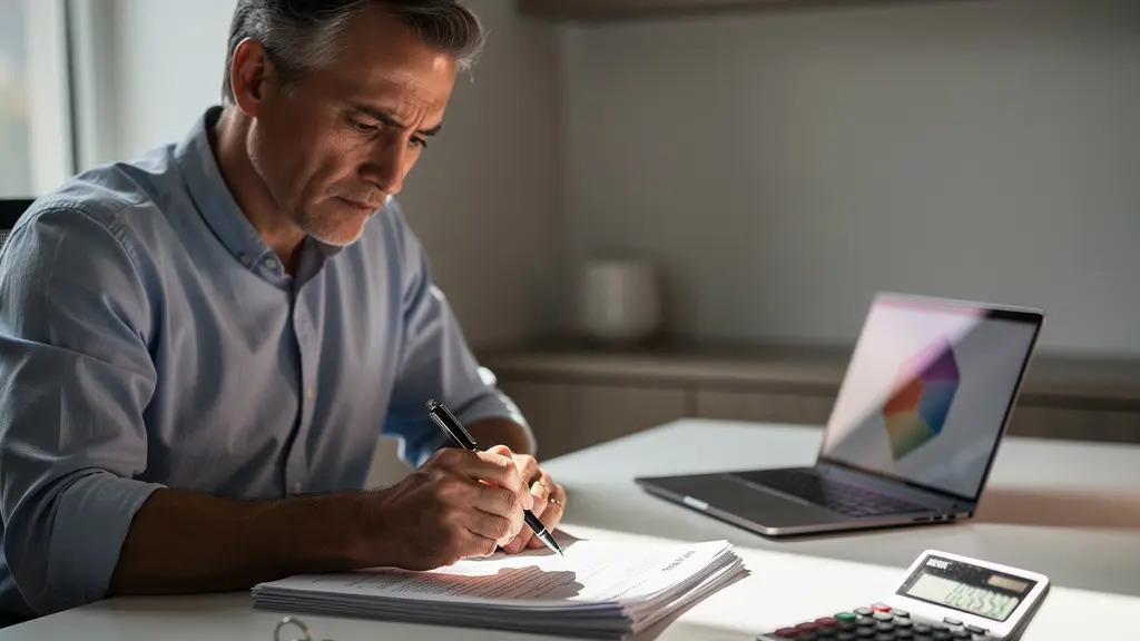 Propriétaire contemplant des documents immobiliers avec calculatrice et écran d'ordinateur montrant des annonces en arrière-plan