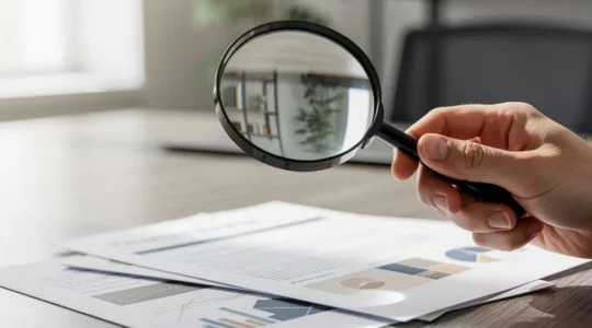 Main tenant une loupe au-dessus de documents professionnels dans un bureau immobilier