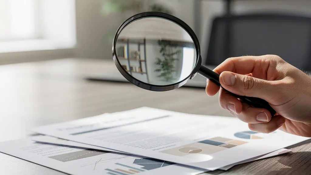 Main tenant une loupe au-dessus de documents professionnels dans un bureau immobilier